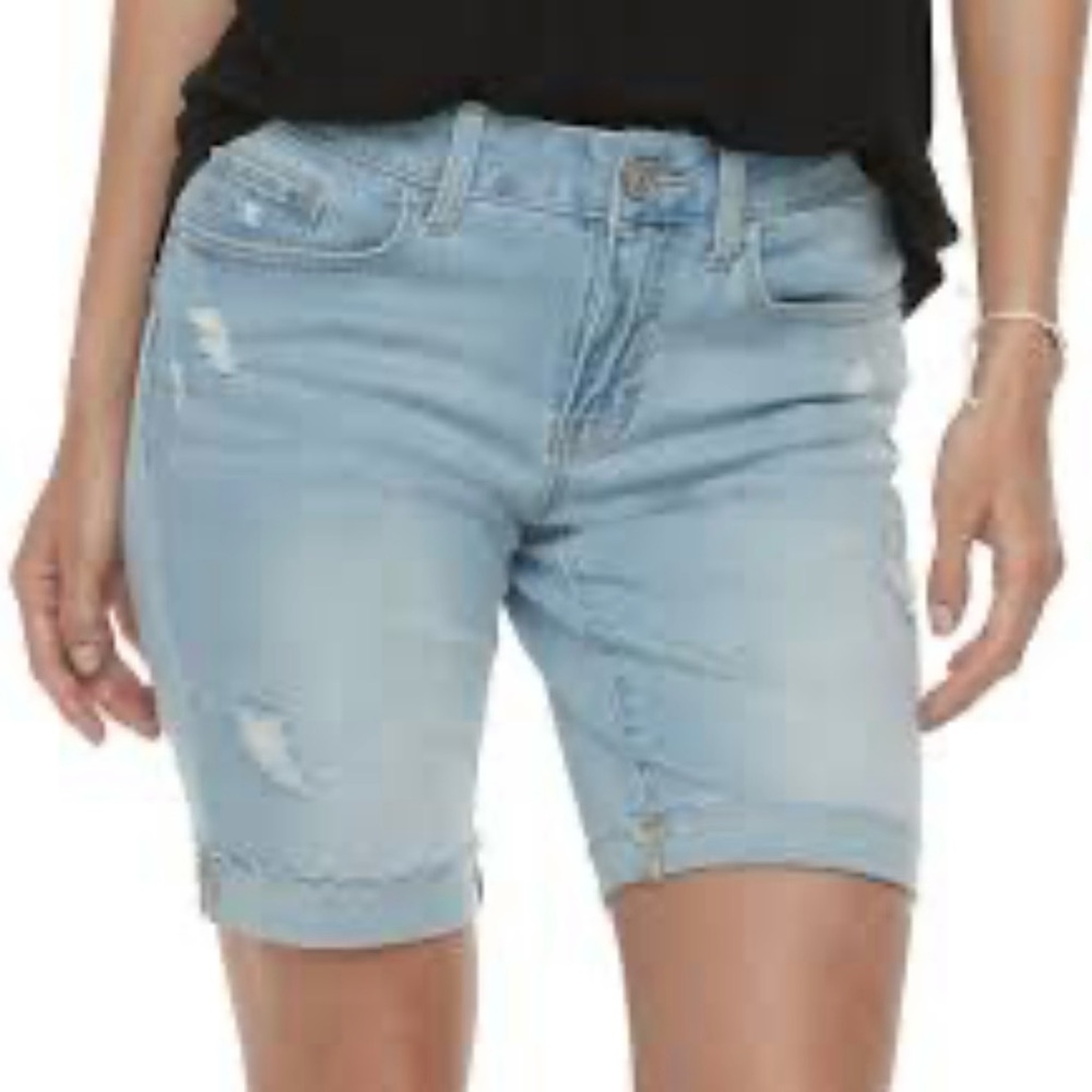SO Juniors Cuffed Midi Distressed Bermuda Jean Shorts